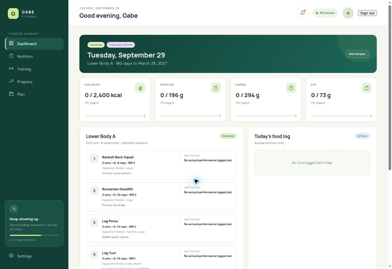 Actual CaptGabe Fitness dashboard showing a planned lower-body workout and nutrition targets
